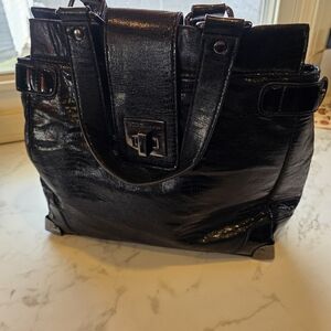BCBGeneration Black Patent-Look Tote with Turn-Lock Detail